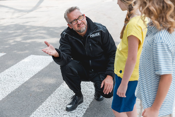 Responder Connect policeman kneeling talking to children